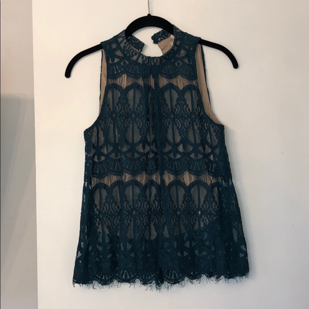 Teal lace top with high neck